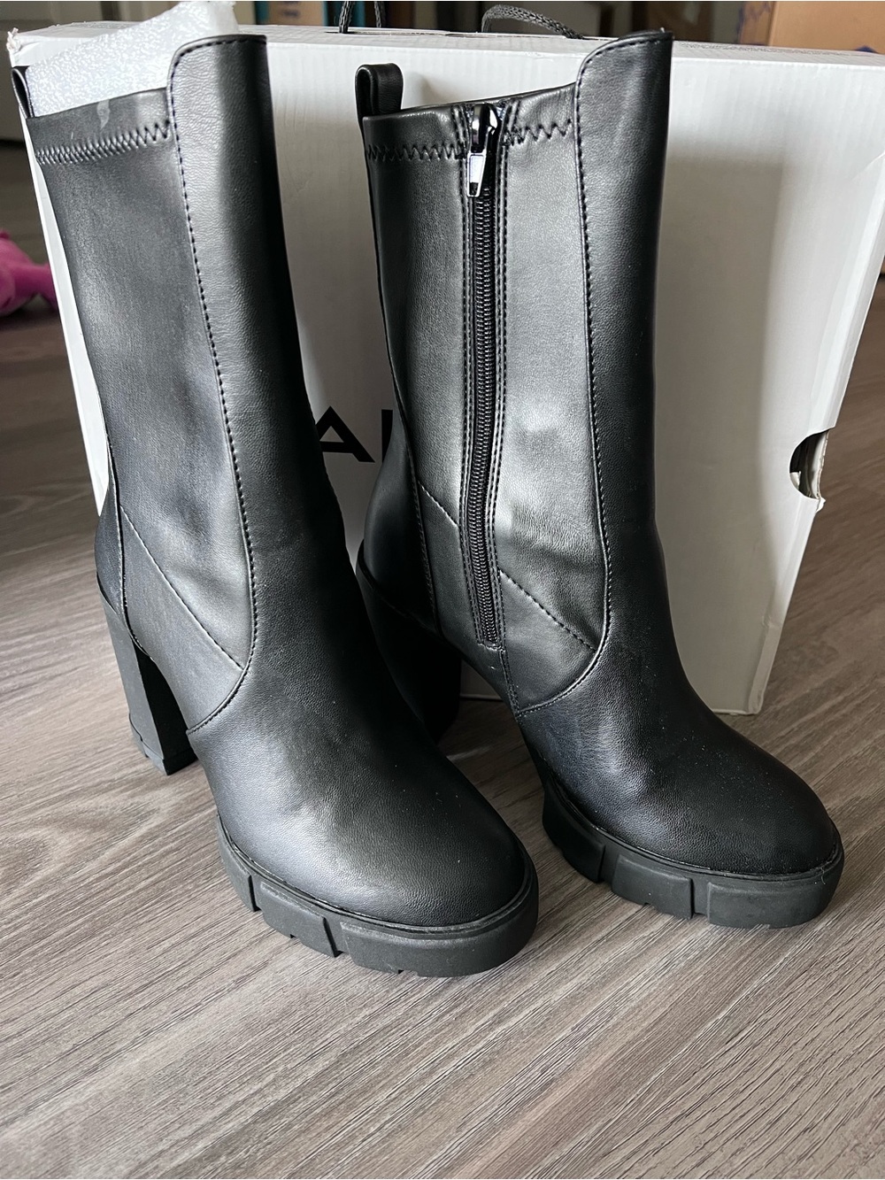 ALDO Black Mid-Calf Chunky Heel Platform Boots - Picture 4 of 10